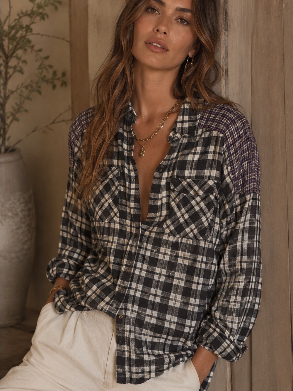 Free People Mixed Plaid Button Front Flannel Shirt Top L Boho Cottagecore